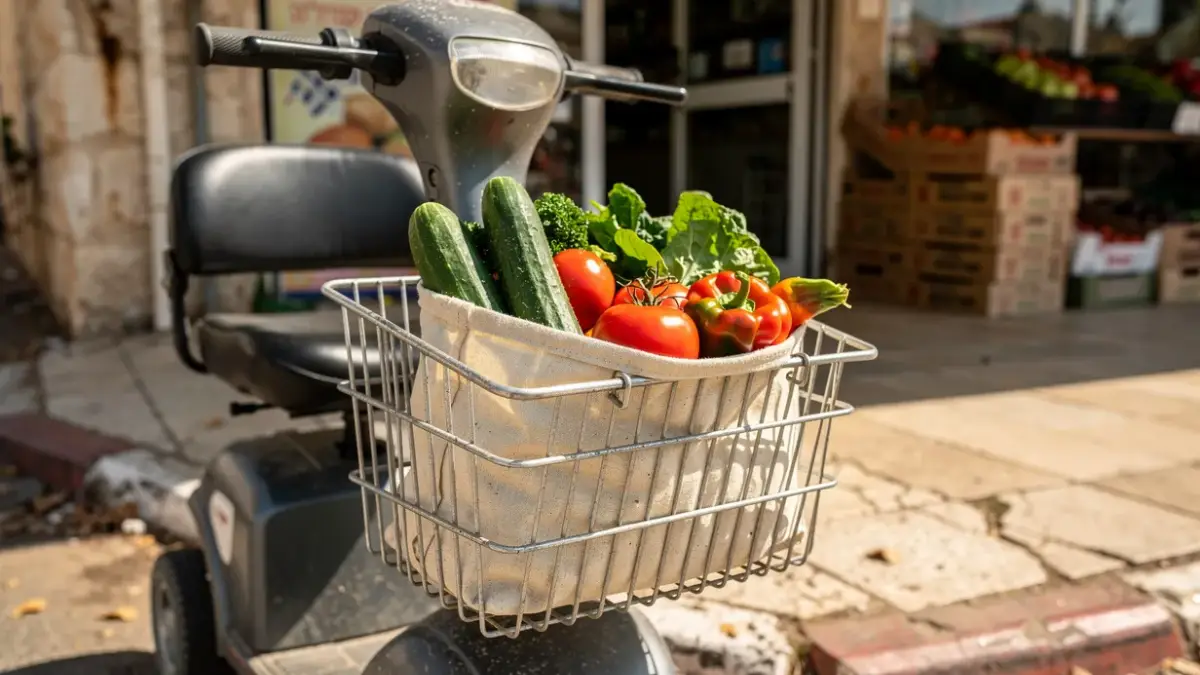 סל קדמי של קלנועית עם שקית קניות ליד חנות מכולת